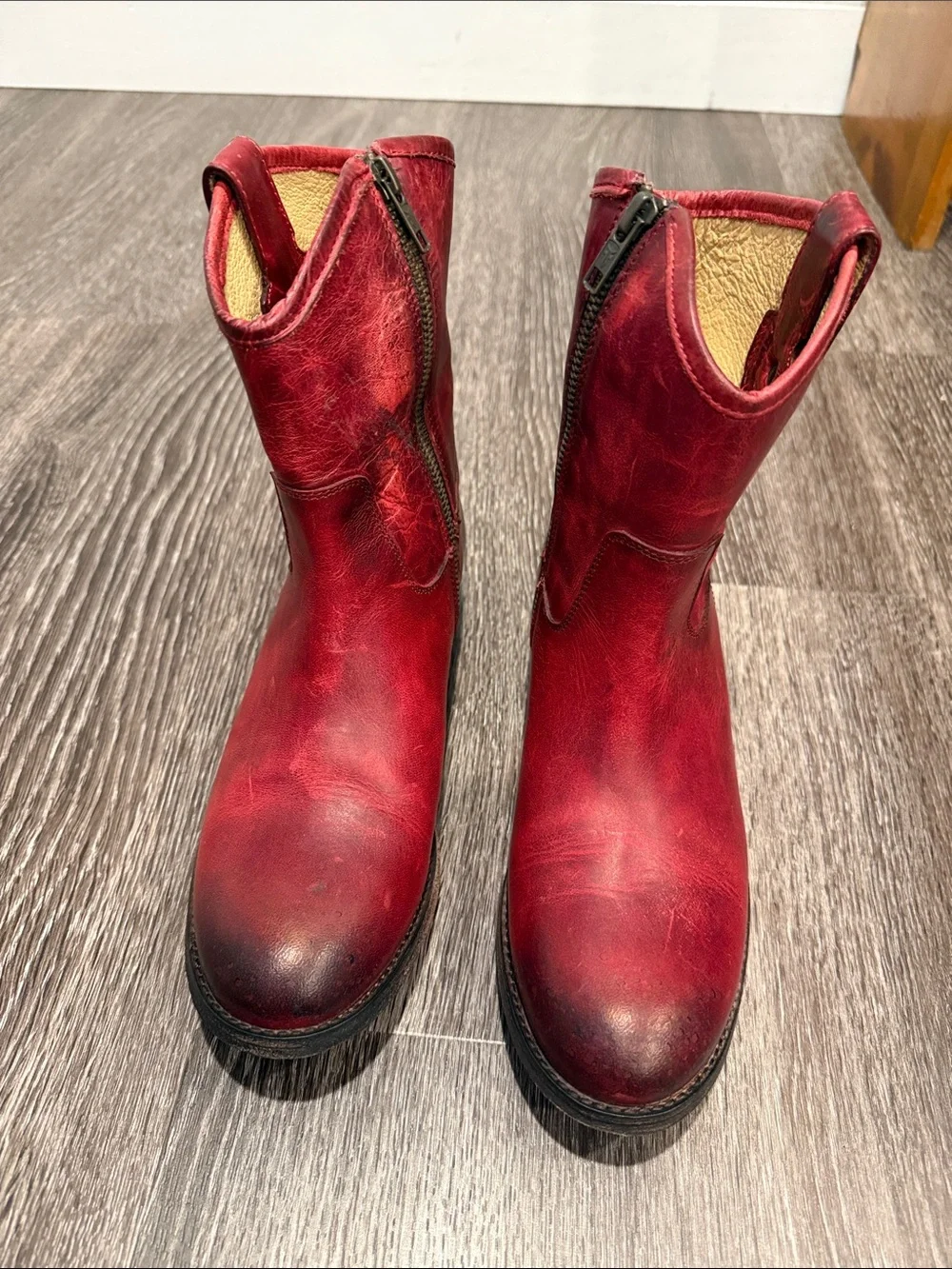 Frye “Melissa” Red Leather Ankle Boots with Side Zippers. Size 7